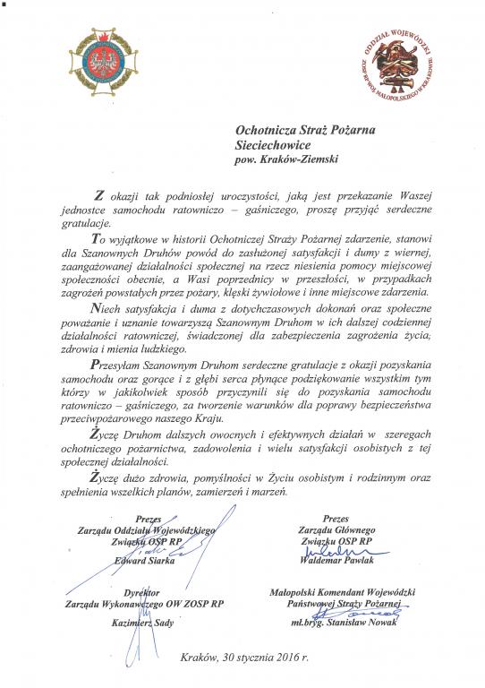 List gratulacyjny - logo Związku Ochotniczych Straży Pożarnych RP i Oddziału Wojewódzkiego, tekst, podpisy