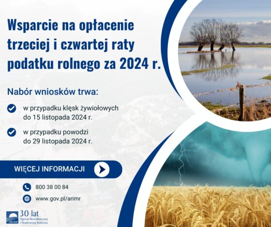 Nabór wniosków na wsparcie w opłaceniu trzeciej i czwartej raty podatku rolnego za rok 2024!